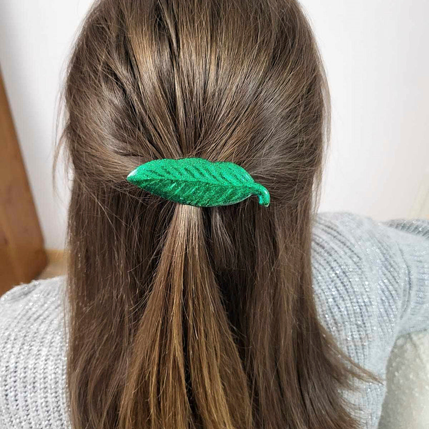 barrette à cheveux artisanale en résine, jungle de couleur verte pailletée