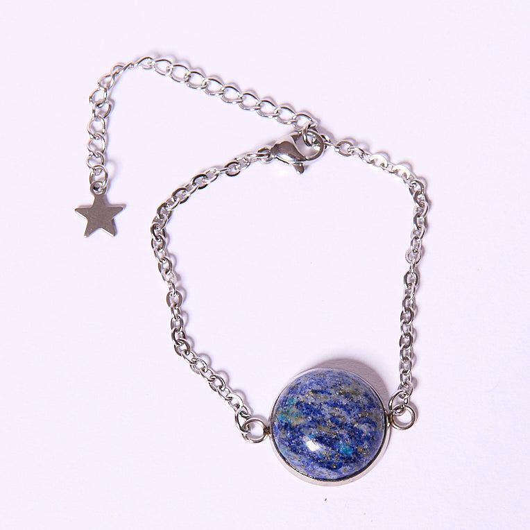 Bracelet en pierre naturelle minérale semi précieuse Lapis-Lazulli, en acier inoxydable argenté réglable, artisanal