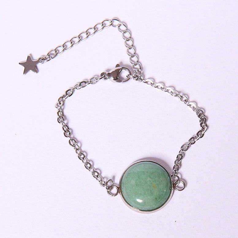 bracelet artisanal avec pierre naturelle minérale, Aventurine verte, en acier inoxydable argenté, réglable
