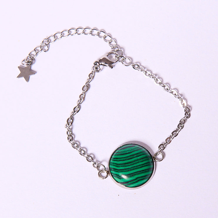 bracelet avec pierre naturelle minérale Malachite verte en acier inoxydable argenté, réglable, artisanal